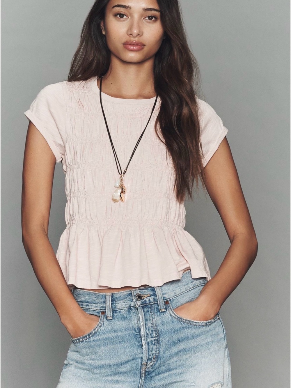 Pilcro Tabby Cotton Smocked Peplum Tee Pink S